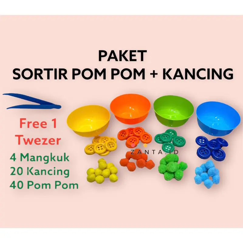 ISI 4 | FREE TWEZER MAINAN EDUKASI SORTING COLOR MONTESSORI MONTESORI PAKET POMPOM | KANCING | ANAK BALITA