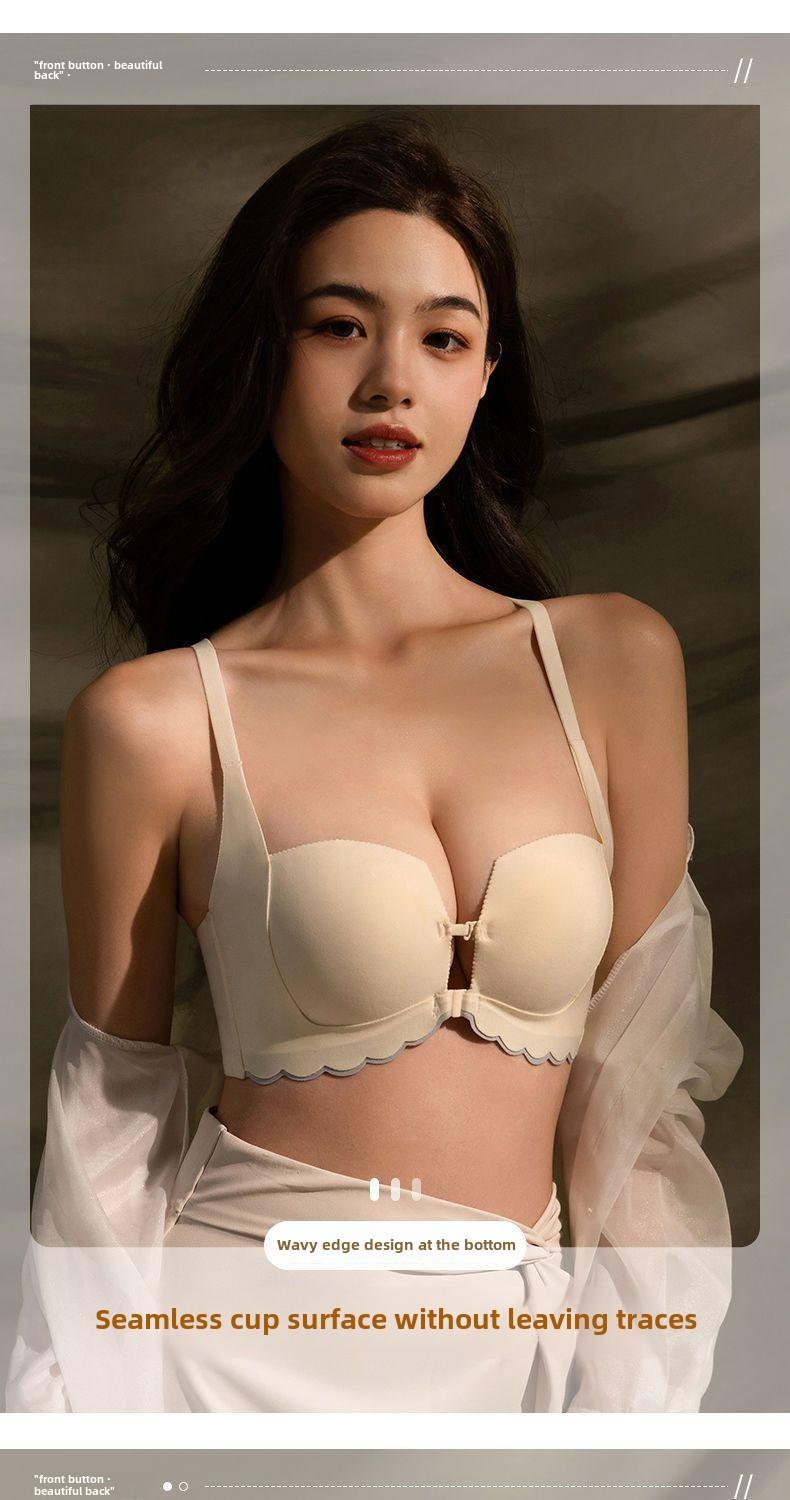 Product Introduction of Front Button Gathering Bra Small Breast Size Exaggerating Bra Push up and Anti-Sagging Sexy Seamless Beautiful Back Underwired Bra Thick Cup Underwear for Women 12