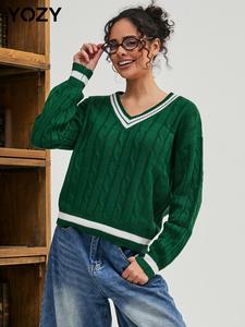 YOZY Striped Print V Neck Sweater, Preppy Style Casual Bishop Sleeve Jumper, Women's Fall & Winter Outfits for Daily Wear