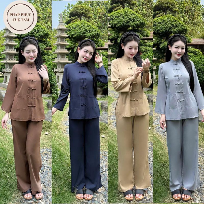 Tuệ Tâm Pháp Phục Quần áo đi chùa Pháp Phục nữ THIÊN HƯƠNG chất liệu lụa cao cấp Đồ lam đi chùa truyền thống cúc tết cổ trụ