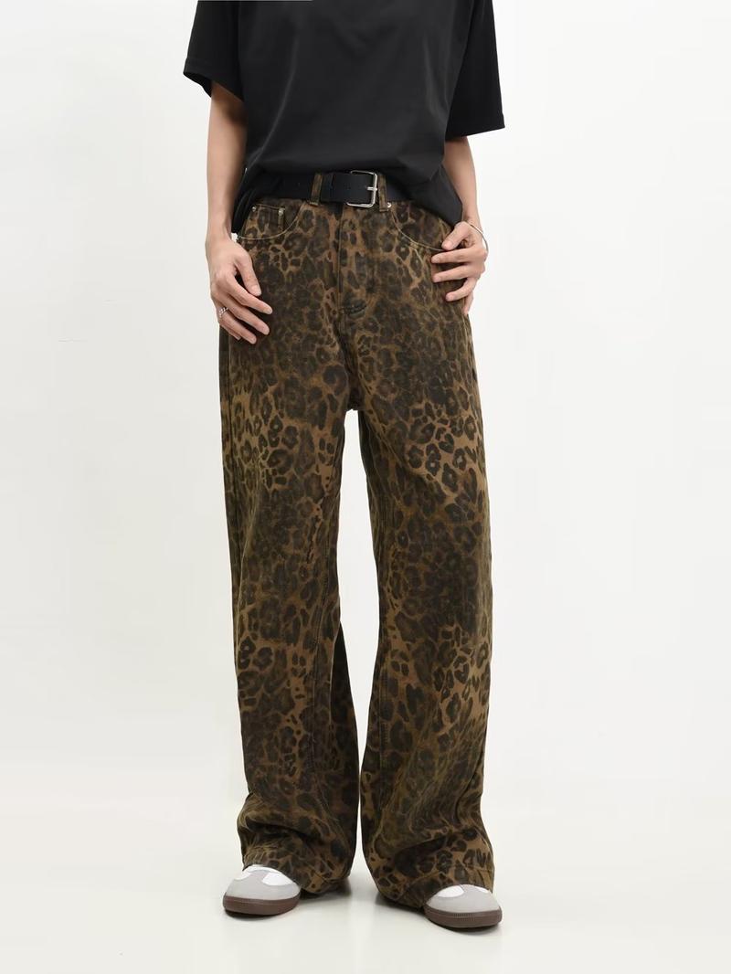 Product Introduction of 2025 New Vintage American Style Leopard Print Jeans - Loose Straight Leg Unisex Retro Pants | Trendy Casual Streetwear for Men & Women 23