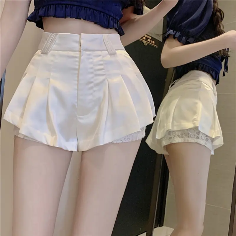 Temperament lace paneled skirt pants sexy satin shorts