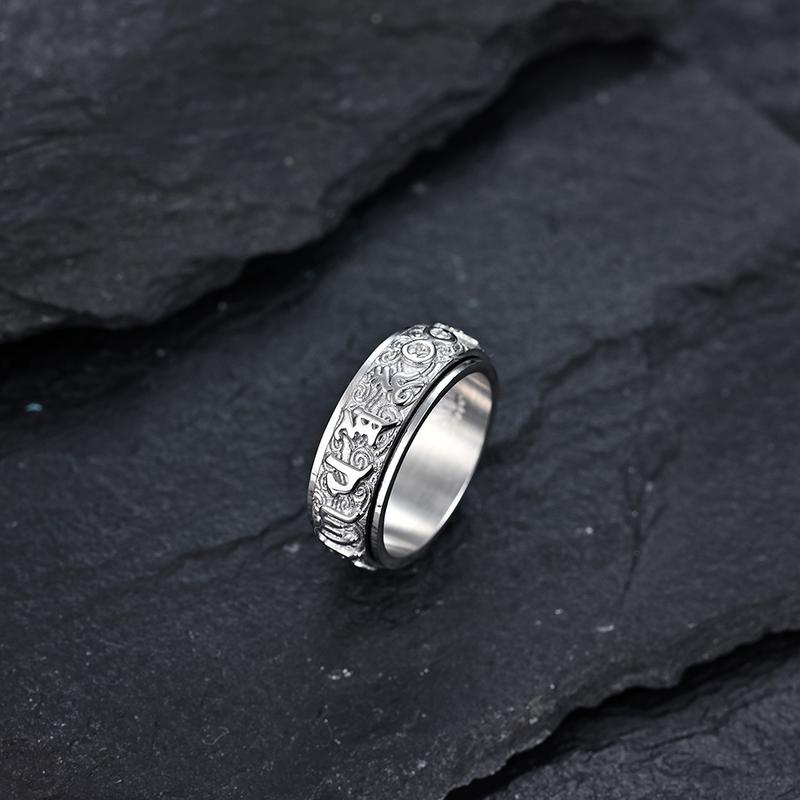 Product Introduction of Buddha Sutra Text Six Words Of Truth Titanium Steel Ring Men And Women With The Same Style Can Be Rotated Lotus Auspicious Cloud Pattern Index Finger Ring 1