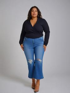 【Plus Size】 Letter Patched Ripped Button Fly Flare Leg Jeans, Casual Comfy Pocket Denim Bell Bottom Trousers for Daily Wear, Women's Bottoms for Fall & Winter