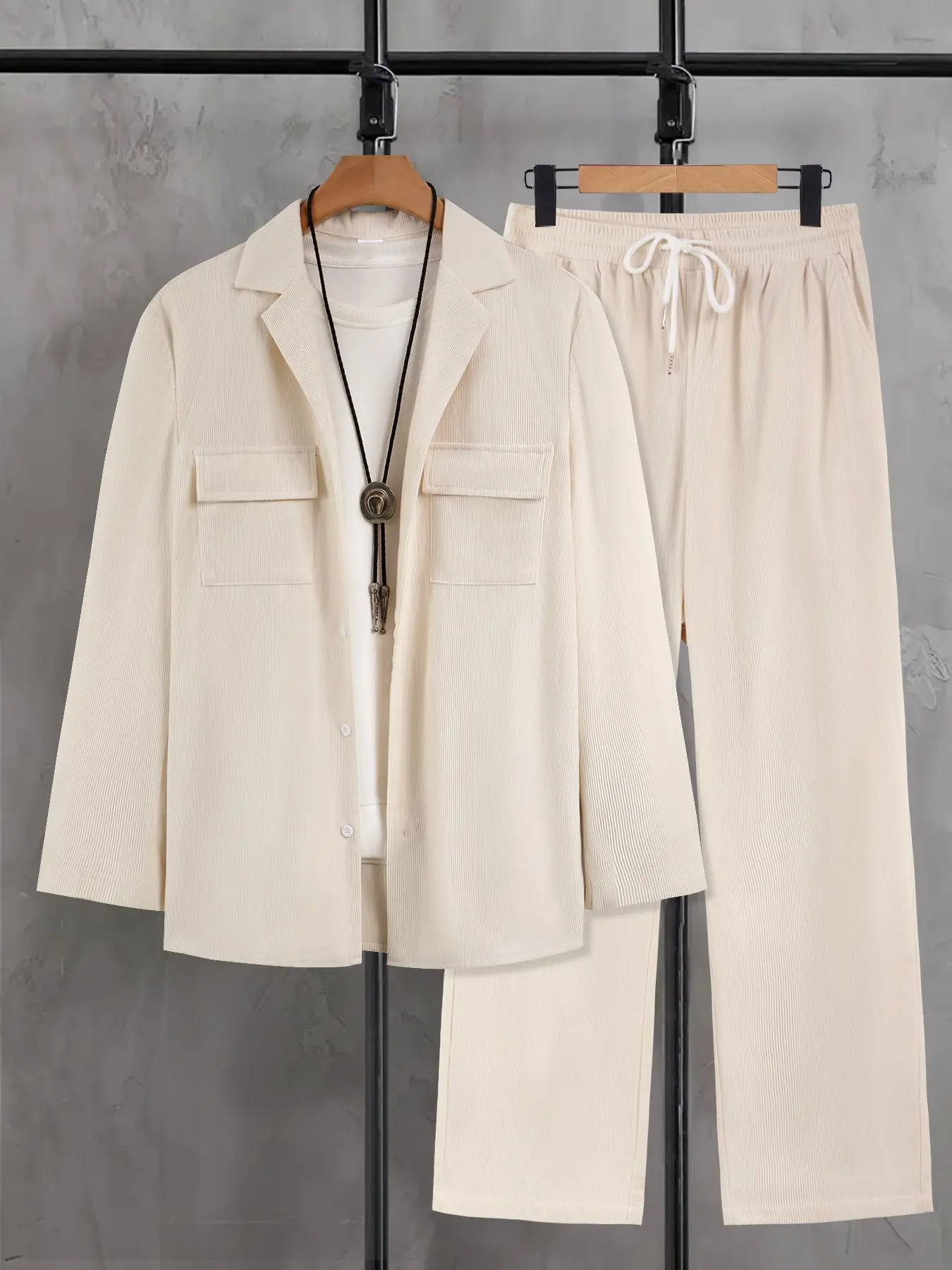 Two-piece Set Men's Solid Color Button Front  Coat & Pants, Regular Fit Long Sleeve Outerwear & Trousers for Daily Wear, Casual Comfy Men's Clothing for Summer