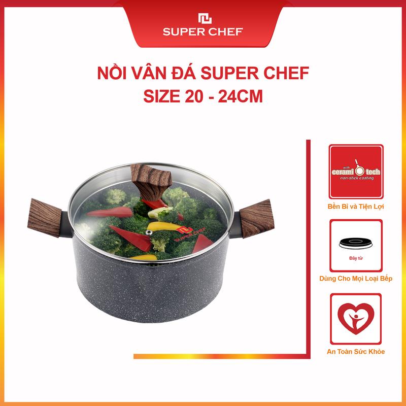 Nồi Vân Đá Đáy Từ Super Chef Dày 4mm Bền Bỉ, Sang Trọng Kèm Nắp Kính ( 20-24cm)