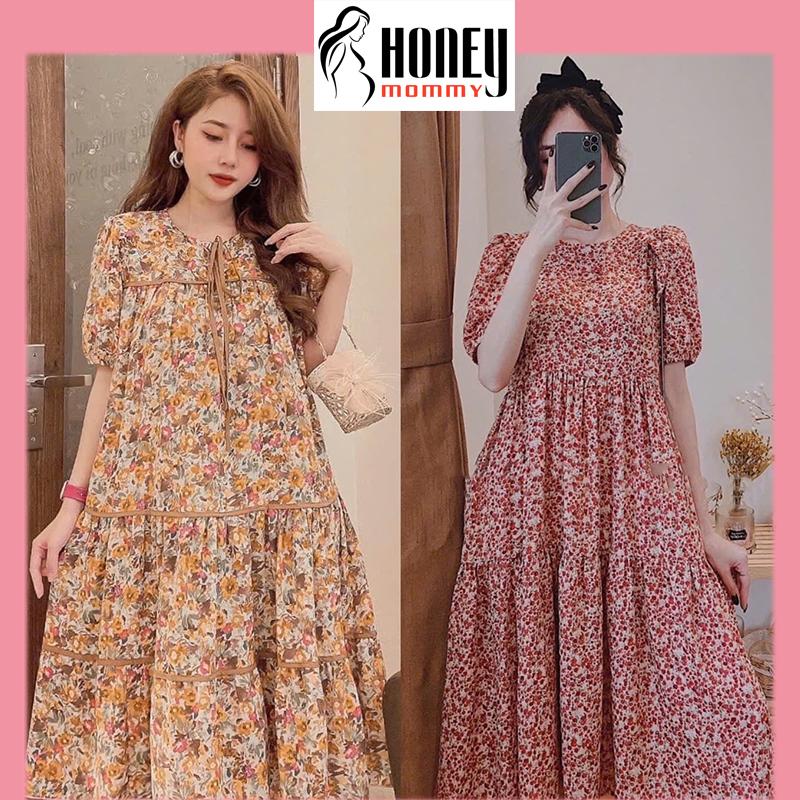 Váy Bầu Mùa Hè Hoa Nhí Tay Bồng Dáng Suông Xòe Đầm Bầu Cộc Tay Công Sở Đi Tiệc HD2841 Honey Mommy Váy Nữ Women Dress Họa Tiết Hoa Hồng