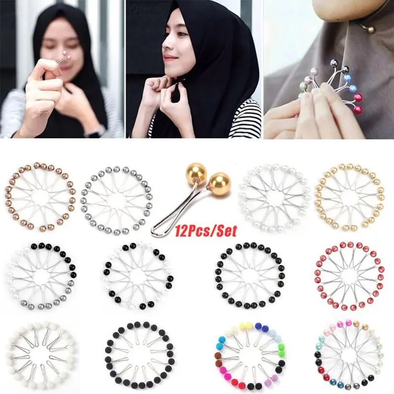 12 buah/pas Wanita muslim penjepit sutra mutiara U Pin mutiara ornamen gesper Jilbab Peniti Pita 0