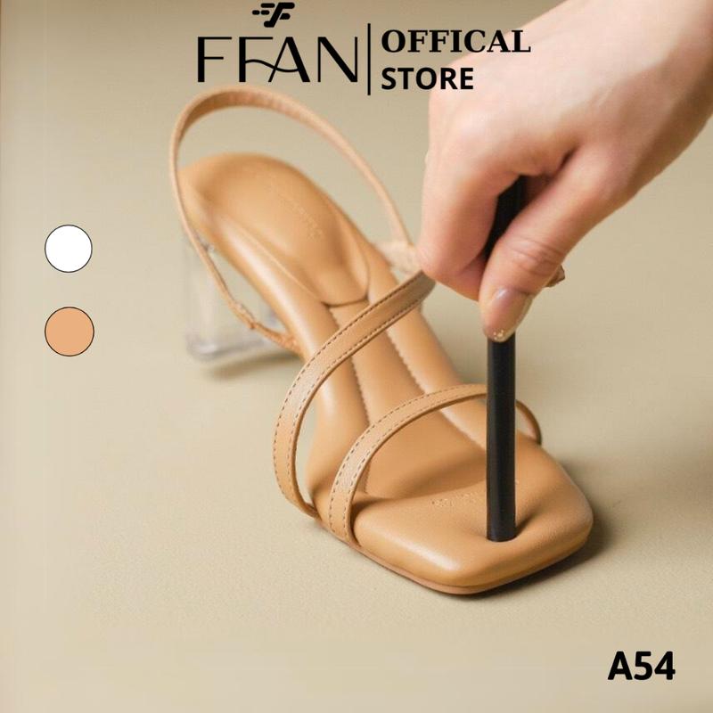 Sandal cao gót guốc nữ đế vuông mũi vuông cao cấp dép A54 da mềm mại FFAN STORE, 7 phân màu be trắng sữa