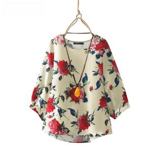 Kemeja-T Leher Bulat Wanita, Ketibaan Baru pada 2025,  Cetak Bunga, Lengan 3 / 4, Longgar,  Bunga, Pakaian Fesyen Kasual oversize jual baju tshirt belang shirt women plus size suku panjang blouse retro