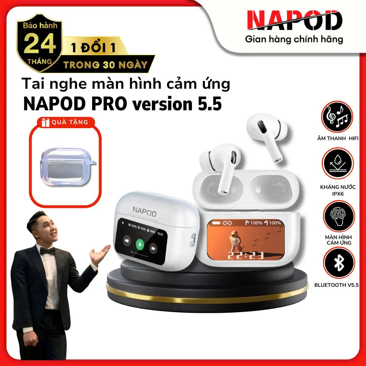 [VINHBANHBO Tặng ỐP] Tai nghe Bluetooth Chính Hãng NAPOD PRO Phiên bản nâng cấp Màn Hình cảm ứng Thông Minh Chống ồn ENC/ANC Kháng nước IPX6 EQ Cân bằng âm Thanh