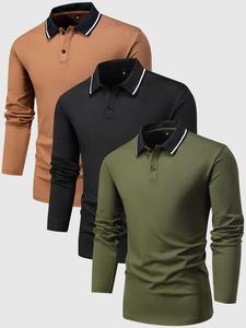 Men's 3pcs Plain Half Buttons Longsleeves Polo Shirt, Regular Fit Casual Stylish Long Sleeve Collared Top for Fall, Minimalist Comfort Menswear, Office