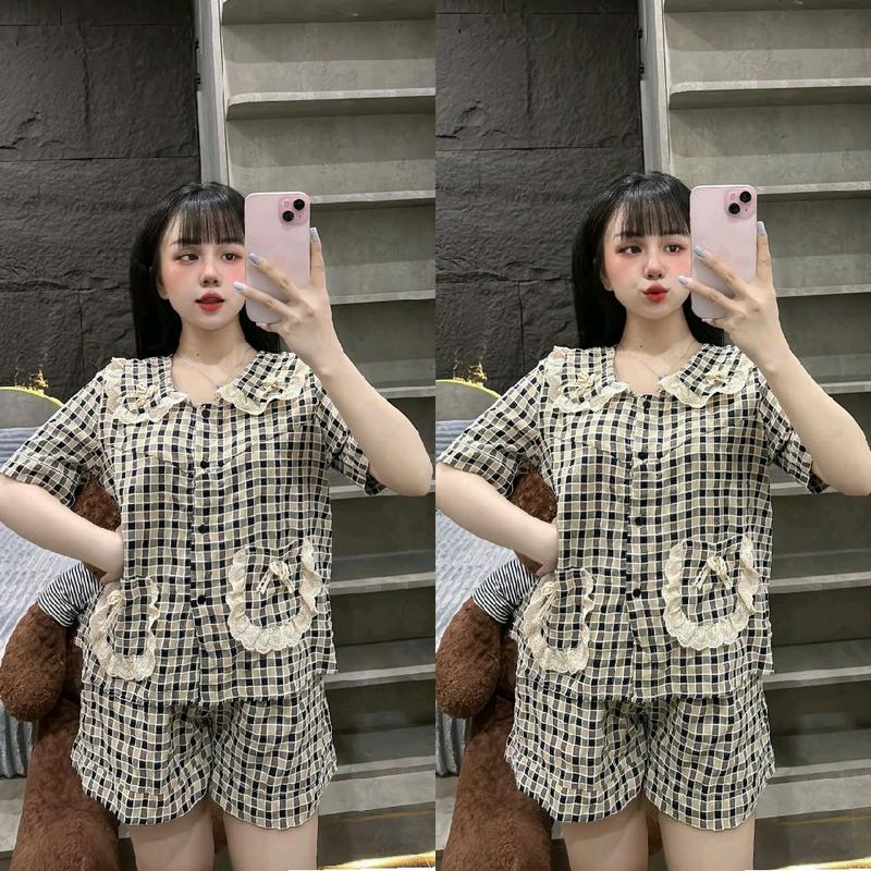 Bộ Đùi Mặc Nhà Cho Nữ Áo Vải Đũi Kẽ Mềm (40-58kg) - Women Voi Nho Kem 2