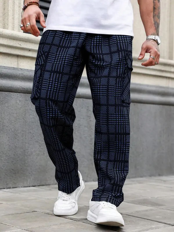 Men's Plaid Print Drawstring Waist Cargo Pants, Loose Casual Comfy  Flap Pocket & Slant Pocket Design Straight Leg Trousers for Daily Wear, Fashion Men's Bottoms for All Seasons 7
