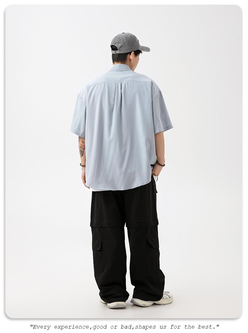 Product Introduction of Korean Men's Smooth Draping Short-Sleeved Shirt Men's Summer New Pure Color Couple Casual Loose Shirt Jacket Menswear Top Lingerie Human Oversize Plain Beige Baggy Vintage Tights Collar Collared Tropical 17
