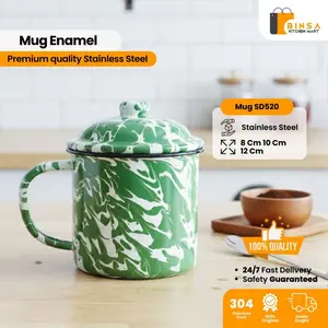 BINSA - Mug Enamel Tutup Motif Klasik Cangkir Jadul Hijau Vintage Kopi Teh Warung SD520