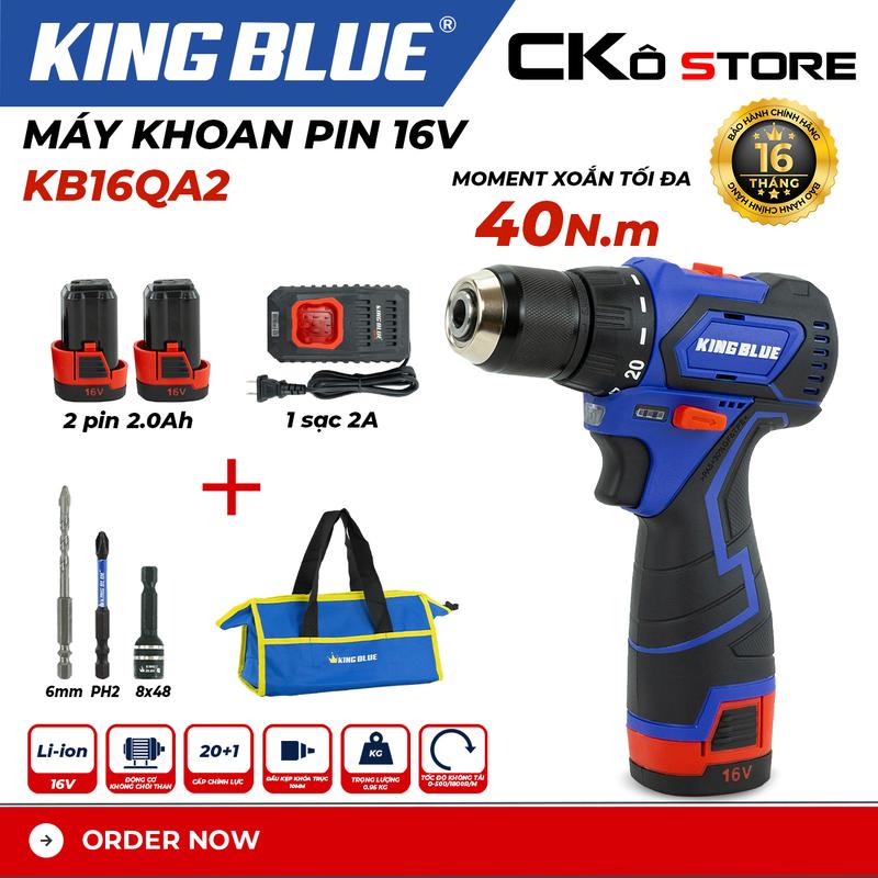 Máy Khoan Pin 16V KingBlue KB16QA2, Động cơ không chổi than, Bảo hành 16 tháng thân máy và pin, Hàng chính hãng, Hệ chân pin Bosch
