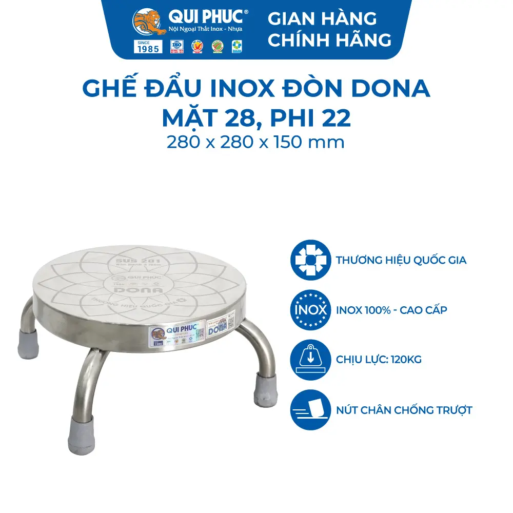 Ghế Đẩu Đòn Inox DONA Inox 201 Mặt 28 Phi 22 - Chính Hãng Qui Phúc - Ghế Đôn Xếp Chồng Bền Chắc