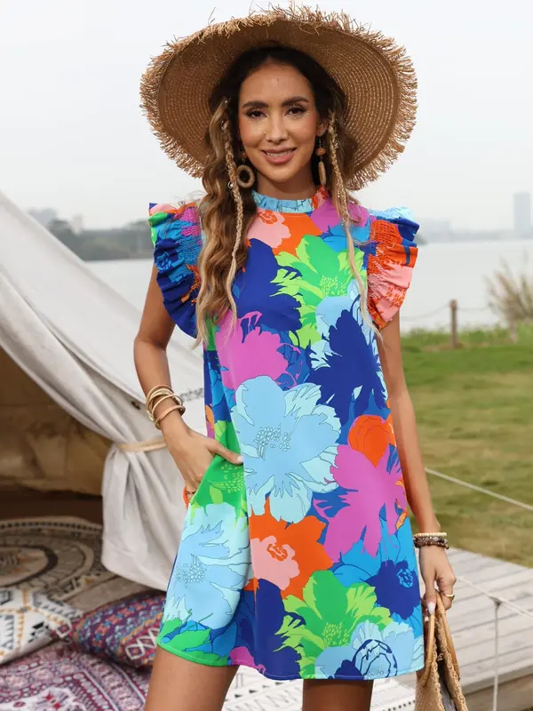 Women's Floral Print Frill Trim Shirred Ruffle Trim Dress, Casual Butterfly Sleeve Mock Neck Short Dress for Summer, Women's Clothing for Beach Holiday, Dresses for Women 4