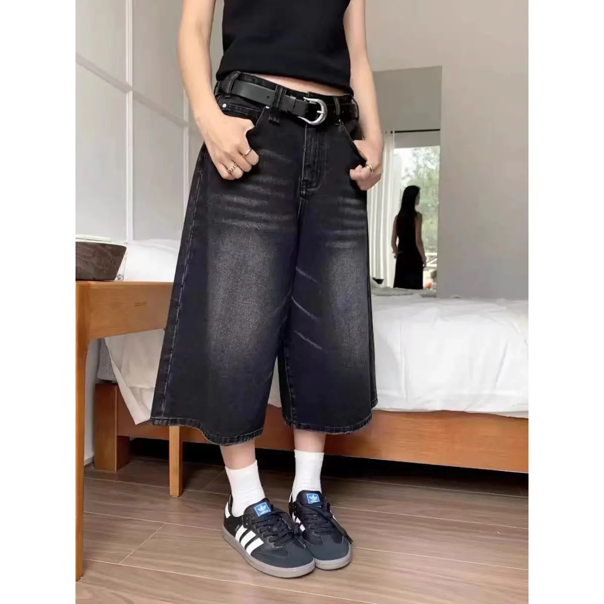 Quần Cropped Denim, Màu Đen, Dành Cho Nữ, Dáng Rộng Vừa Vặn, Quần Ống Đứng, Ngoại Cỡ, Quần Đùi