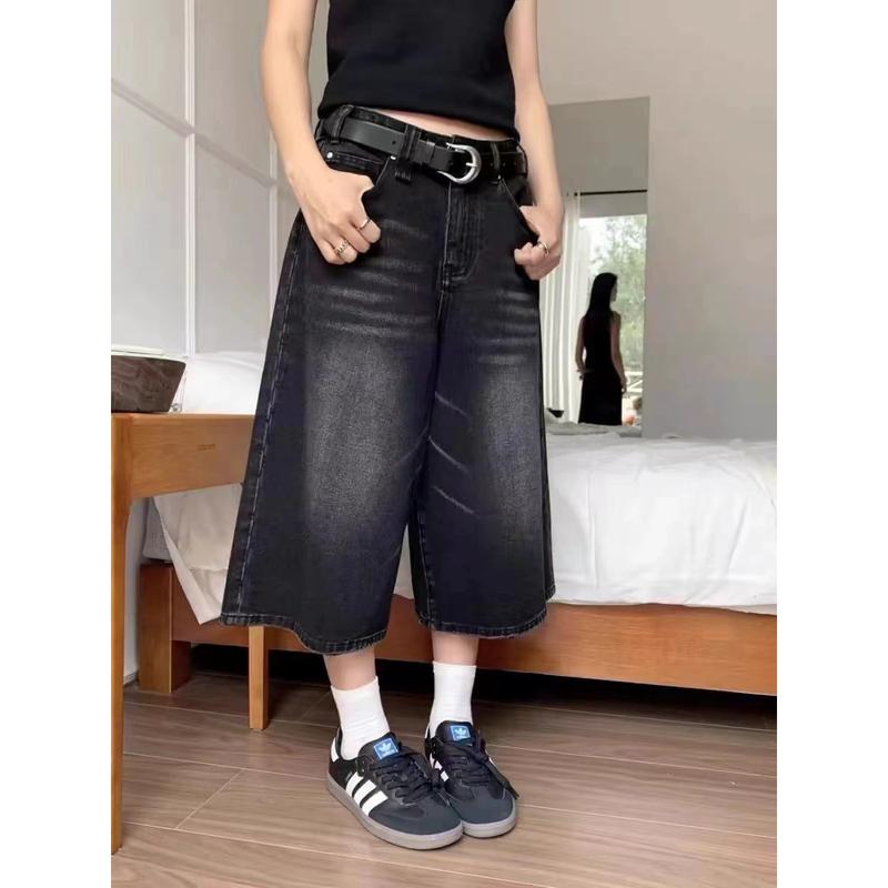 Quần Cropped Denim, Màu Đen, Dành Cho Nữ, Dáng Rộng Vừa Vặn, Quần Ống Đứng, Ngoại Cỡ, Quần Đùi 0