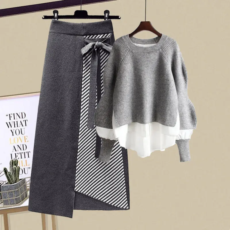 plus Size Women's Autumn Single Suit Female 2023 New Fake Two Pieces Shirts Female Slimming Knitted Skirt Two-Piece Set