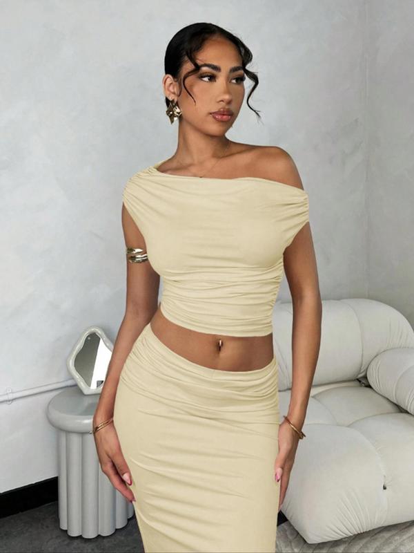 Women's Solid Crop Top & Split Hem Skirt Two-piece Set, Elegant Fashion Casual Top & Skirt for Daily Outdoor Wear, Ladies Matching Outfits for Summer 4