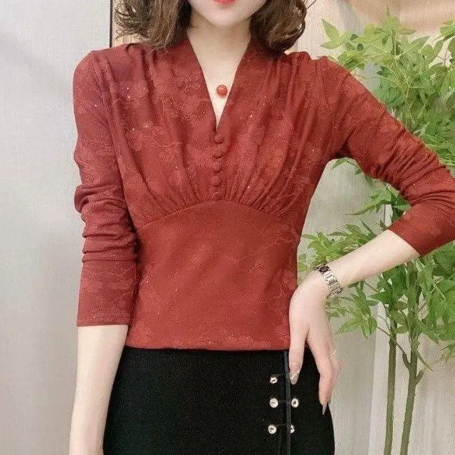 Áo Lớp Nền Jacquard, Thời Trang Trung Niên, Phong Cách Thanh Lịch Phương Tây, Dành Cho Các Bà Mẹ, Bộ Sưu Tập Mùa Thu Mới 2024, Áo Sơ Mi Bó Sát Dài Tay, Dành Cho Nữ Women Top Shirt Cổ Tròn