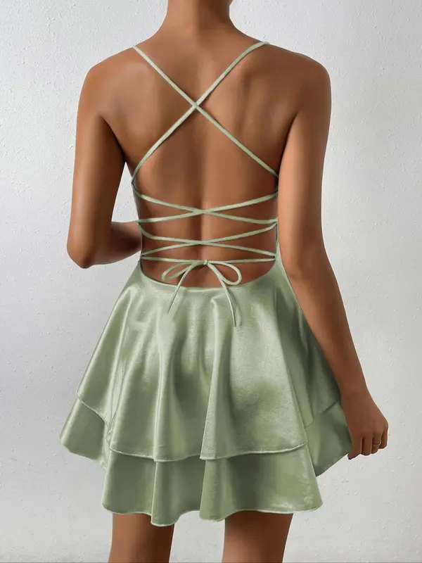 Women's Lace Up Backless Tiered Layer Ruffle Trim Cami Dress, Elegant Solid Wrap Sleeveless A Line Short Dress for Party Club Dating Wear, Ladies Summer Clothes Formal Womenswear 8