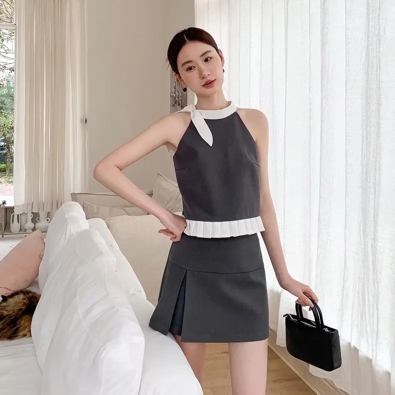 Set áo váy nữ cổ nơ và chân váy xếp li tiểu thư sang chảnh Hottrend 2024 2