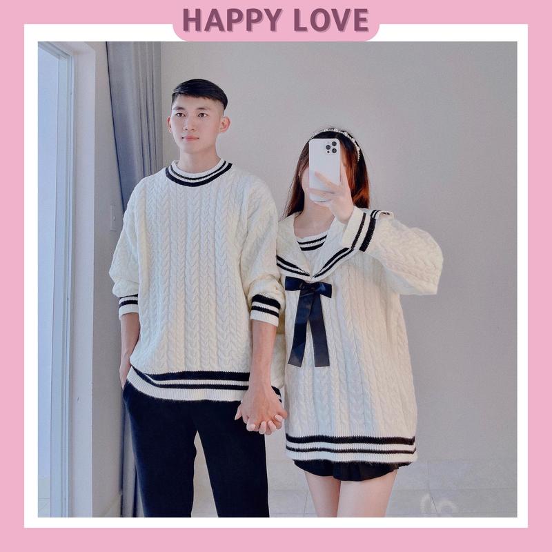 (TẶNG NƠ 50K) Đồ Đôi Couple Áo Len Cặp Đôi Nam Nữ Màu Trắng Vặn Thừng Thuỷ Thủ Chất Len Dày Hàng Quảng Châu Cao Cấp HAPPYLOVE H012