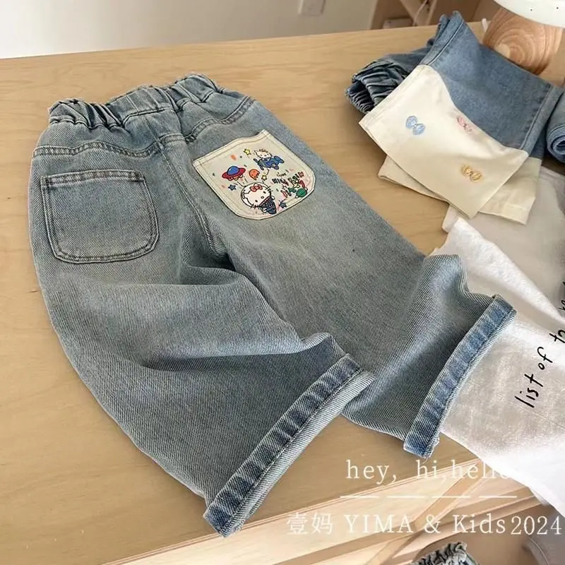 Quần Jean Bé Gái Dáng Rộng Phong Cách Hàn Quốc, Quần Ống Đứng Siêu Mềm, Hàng Mới Về Mùa Xuân, Thích Hợp Cho Bé Gái, Trẻ Em Và Trẻ Sơ Sinh, Dễ Phối Đồ Thời Trang Hoạt Hình, Năm 2024