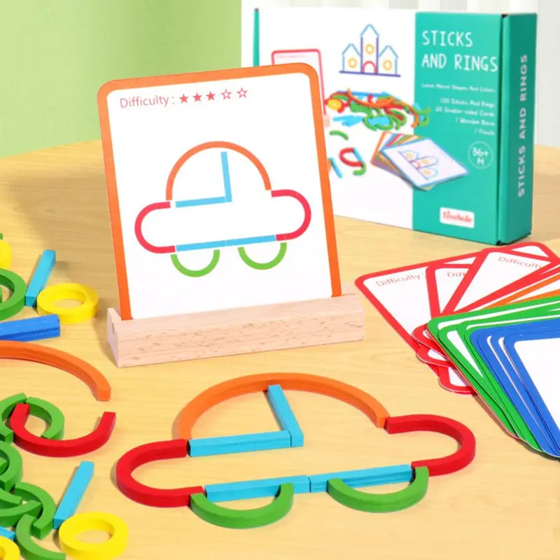 Wooden Construction Blocks Toy, Sticks & Rings Shape Puzzle, Letter Construction Set, Pattern Blocks STEM Toy, Early Educational Learning Game 2