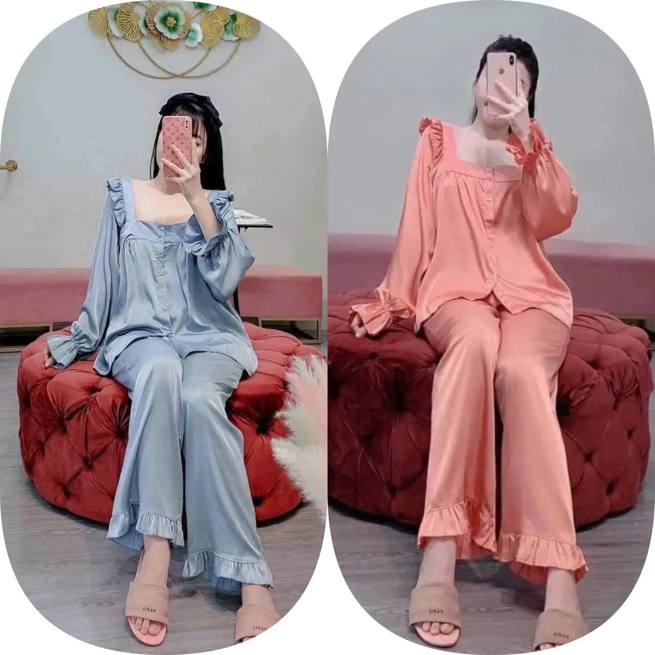 Combo 2 Bộ Pijama Dành Cho Nữ Women Quần Dài Áo Dài - Thiết Kế Tiểu Thư Sang Trọng - Đổi Mẫu Tùy Ý - Chất liệu Kate bóng Voi Nhung Nho
