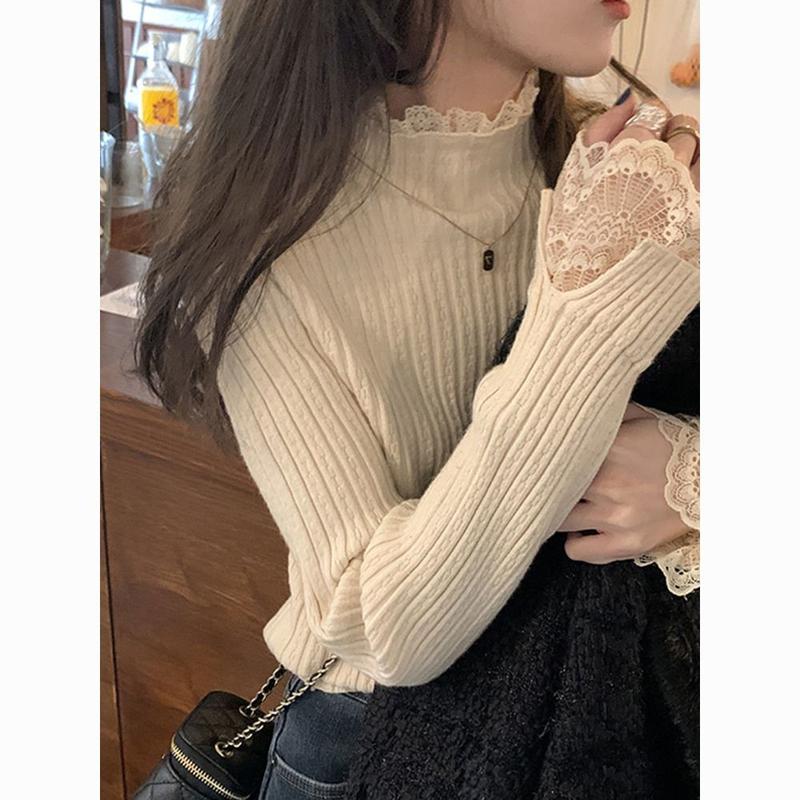 Áo Lớp Nền Ren, Hàng Mới Về, Dành Cho Nữ, Cổ Lọ Nửa, Dáng Ôm, Áo Len Dinified, Màu Mơ, Áo Len Dài Tay, Thích Hợp Cho Mùa Xuân Và Mùa Thu Top Women