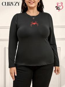 CURVZY Plus Size Cartoon Spider Print Round Neck Tee, Casual Long Sleeve Crew Neck T-shirt for Fall, Women's Clothing for Daily Wear
