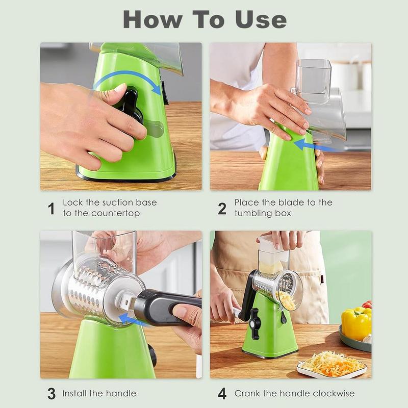 Product Introduction of Rotary Cheese Grater, Multifunctional Manual Vegetable Chopper with 3 Stainless Steel Interchangeable Blade, Hand Crank Vegetable Grater for Kitchen 7