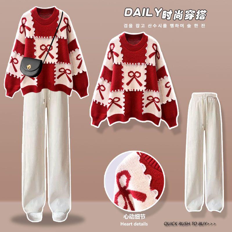 Trang Phục Thu Đông, Bộ Cả Bộ Áo Len Dệt Kim Màu Đỏ Giáng Sinh Mới 2024, Quần Thường Ngày Bó Sát Cho Nữ, Bộ Hai Mảnh, Thích Hợp Cho Mùa Thu Và Mùa Đông, 2024