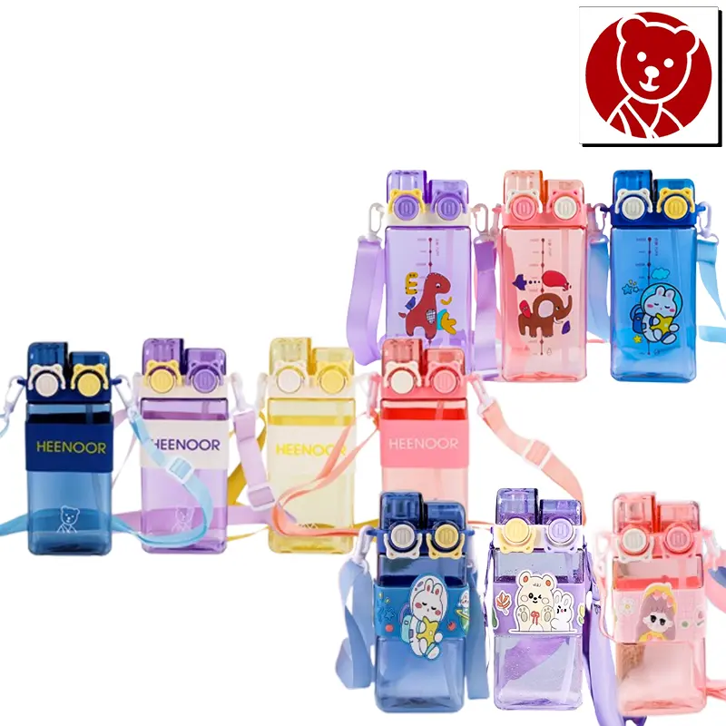 Heenoor Botol Plastik Kotak Transparan Lucu 2 Cara Minum + Tali Panjang Dengan Pengunci 570ML | HX-258/259/359
