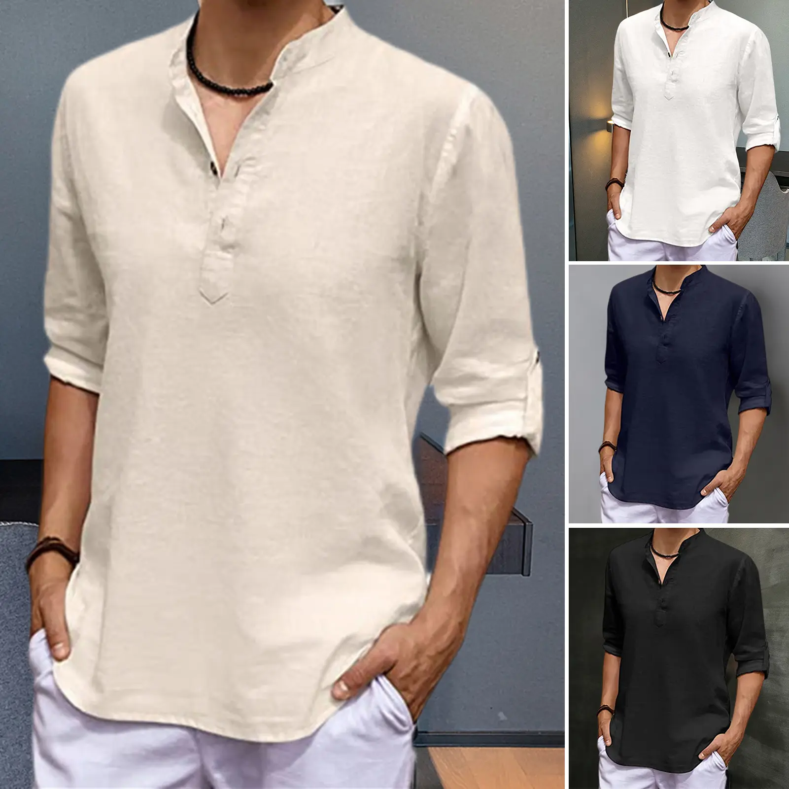 Lefeile Men Summer Shirt Long Sleeve Breathable 5 Sizes Beach Party Dating Men Flax Henley Shirt for Street Wear
