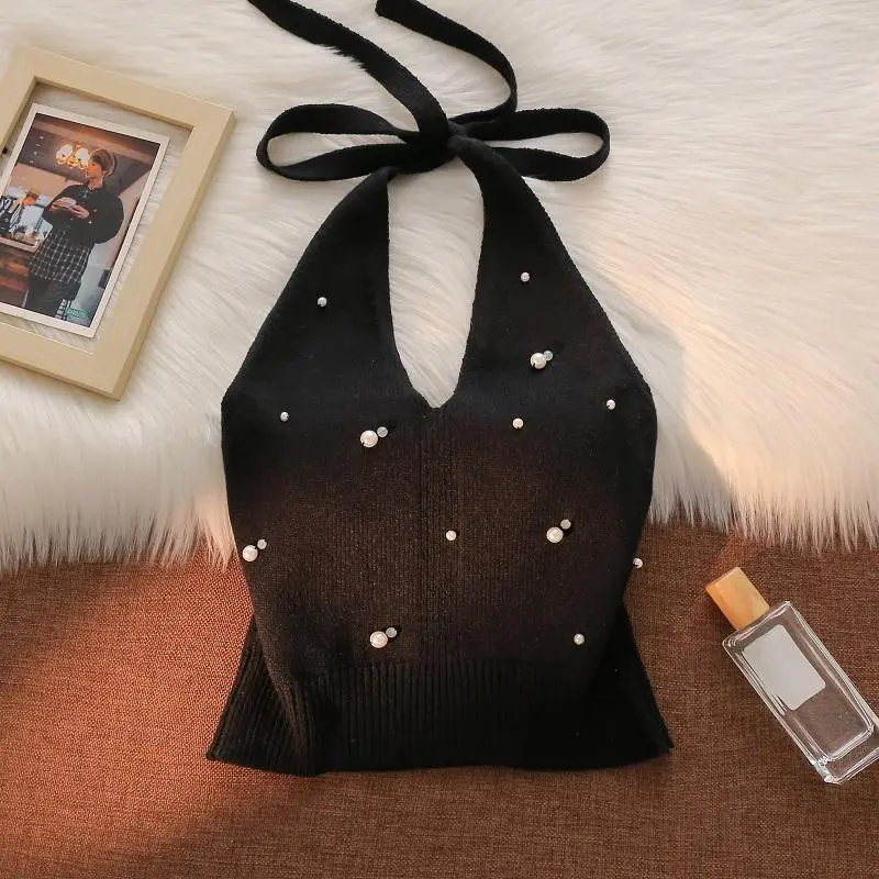 Áo Vest Dây Đeo Spaghetti Cổ Yếm Dệt Kim Đính Cườm Dành Cho Nữ, Có Thể Mặc Bên Trong, Lưng Đẹp Cao Cấp Áo Cơ Sở Không Tay Ngắn Cô Gái Nóng Bỏng, Phong Cách 2024 2