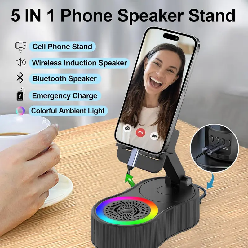 Wireless Induction Audio Bluetooth Speaker, 5in1 Phone Holder, Emergency Rechargeable (4000mAh) with Colorful Ambient Light Foldable for Tablet iPhone Android, Gifts for Men Women, White, Smartphone 3