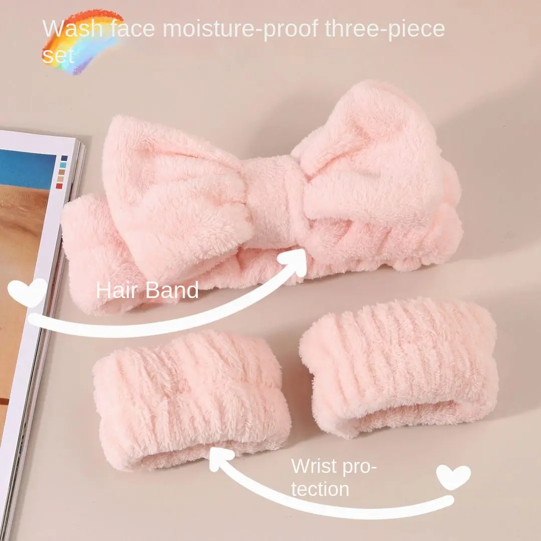 Coral Fleece Absorbent Headband, Wristband - Women'S Facial Cleansing And Skincare Tools, 3-Piece Set To Prevent Wetting