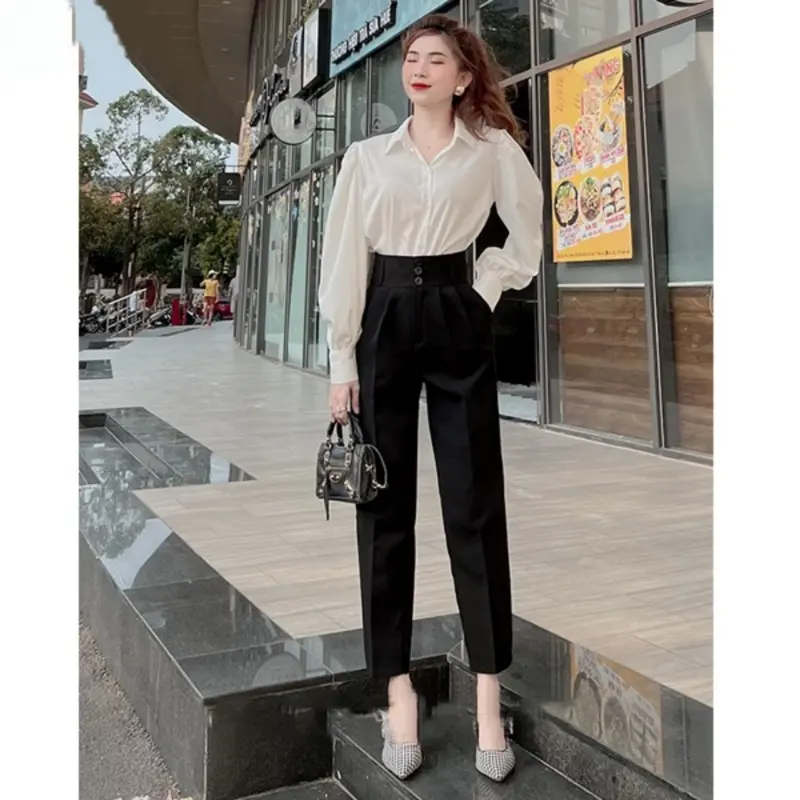Quần vải nữ cạp cao công sở đi học ống baggy đứng 3 cúc bản to dáng quần tây nữ lưng cao đi học làm công sở đáy cao dài Pants Ong Women 3