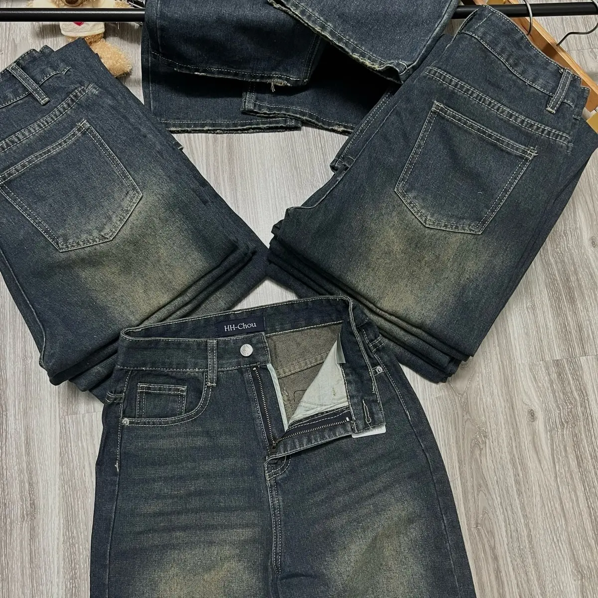 (S-2Xl)HHCHOU-Quần Jeans Suông Trơn Màu Đậm Có Phủ Dơ Vải Qc mềm có 2 chiều dài 103cm và 95cm H3344 Women Pants | BigBuy360 - bigbuy360.vn