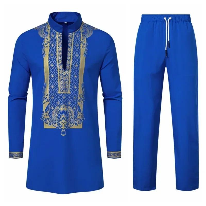 Product Introduction of New Personality Men's Long Sleeve Shirt Sets Leisure Dinner Print Design Medium Long Clothes for Men 3