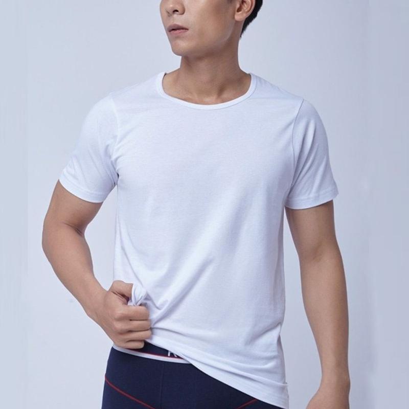 Áo lót Nam Cotton có tay mặc ở nhà , Áo đông xuân cộc tay màuTrắng ,thấm hút mồ hôi Menswear Top Cổ Tròn