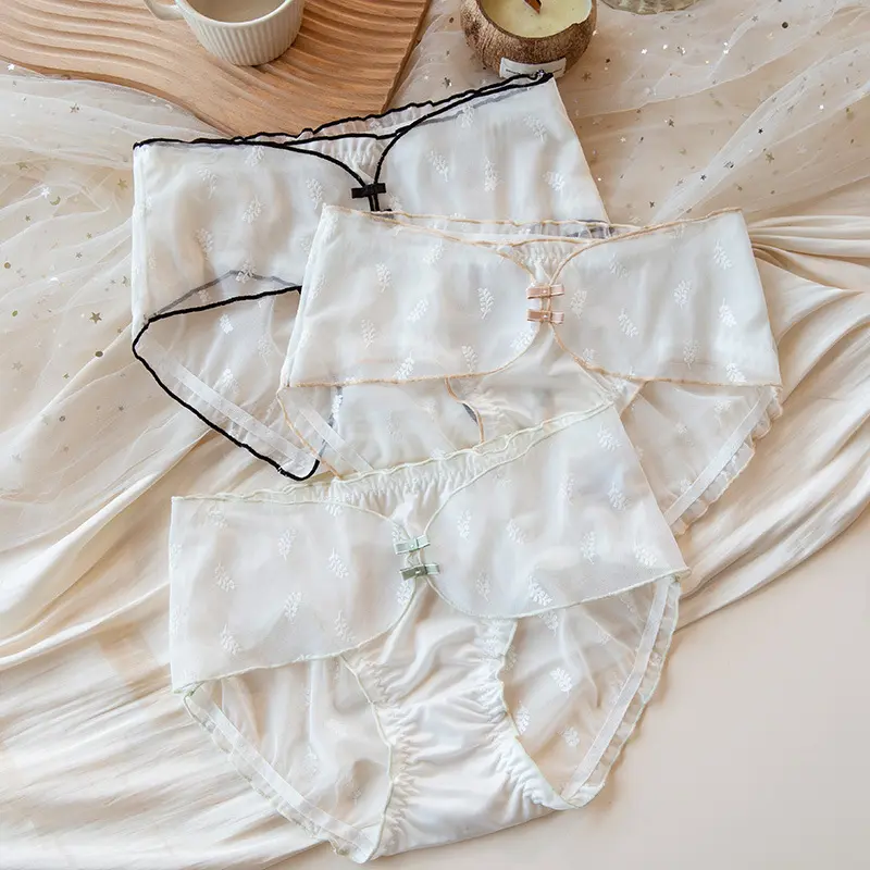 Meizhai Underwear Women's Summer Chinese Style Ice Silk Lace Briefs Sexy Adult Lady like Woman Pure Desire Style Girls' Pants New Panty Seamless Soft Womenswear Loose Love