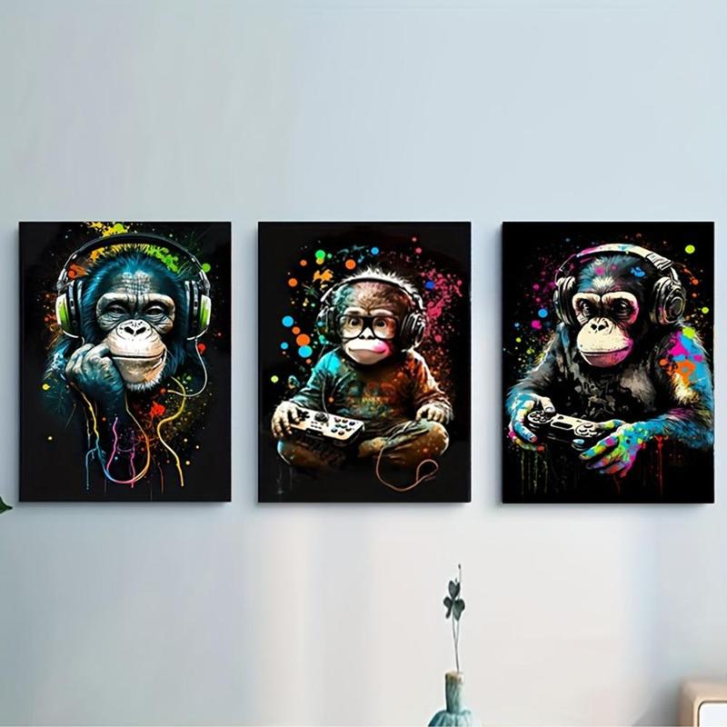 Product Introduction of Monkey & Game Console Pattern Wall Art Poster, 3 Counts Canvas Painting Without Frame, Decorative Modern Hanging Pictures For Living Room Bedroom Office 1