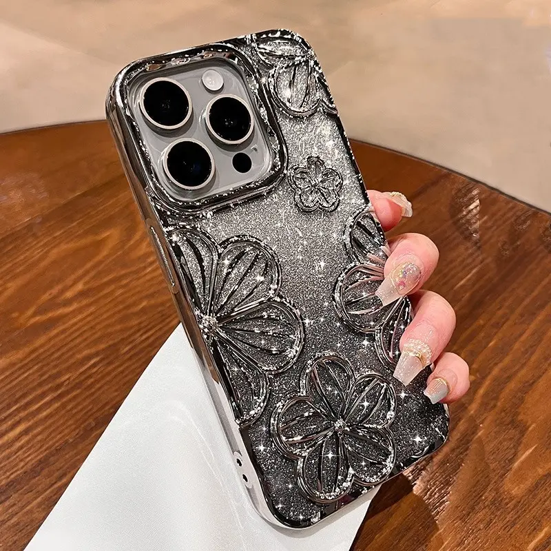 High quality electroplated three-dimensional flower phone case for iPhone 16 11 12 13 14  15 Pro Max  16 plus Anti drop lens protection soft casing phone protective case 2